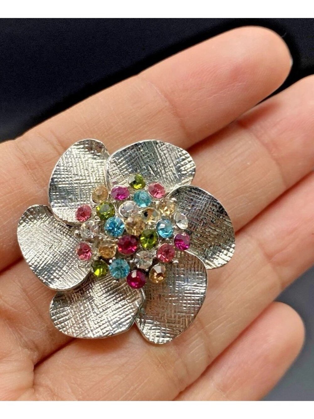 Silver-Tone Statement Ring Flower Multicolored Rhinestone Cocktail Ring Sz 6-8